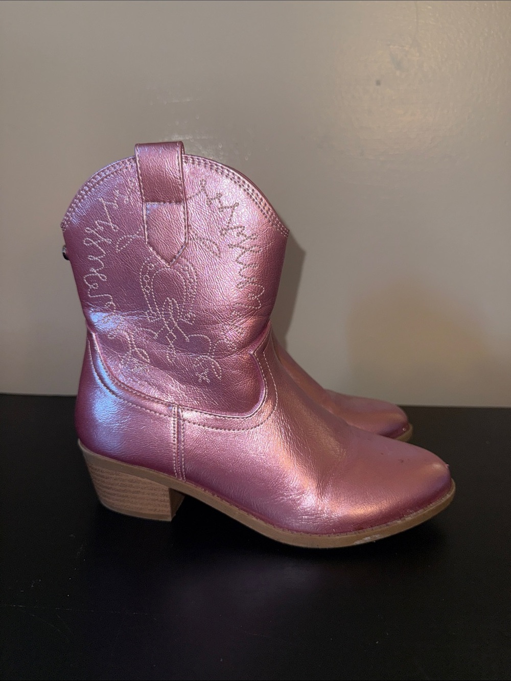 Girls Metallic Pink Western Ankle Boots - Shiny Kids Cowboy Style